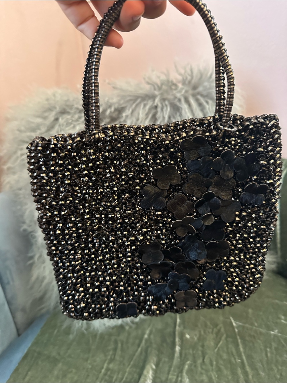 Anteprima Wirebag Black Metallic Knit Mini Tote Bag Leather Floral Applique